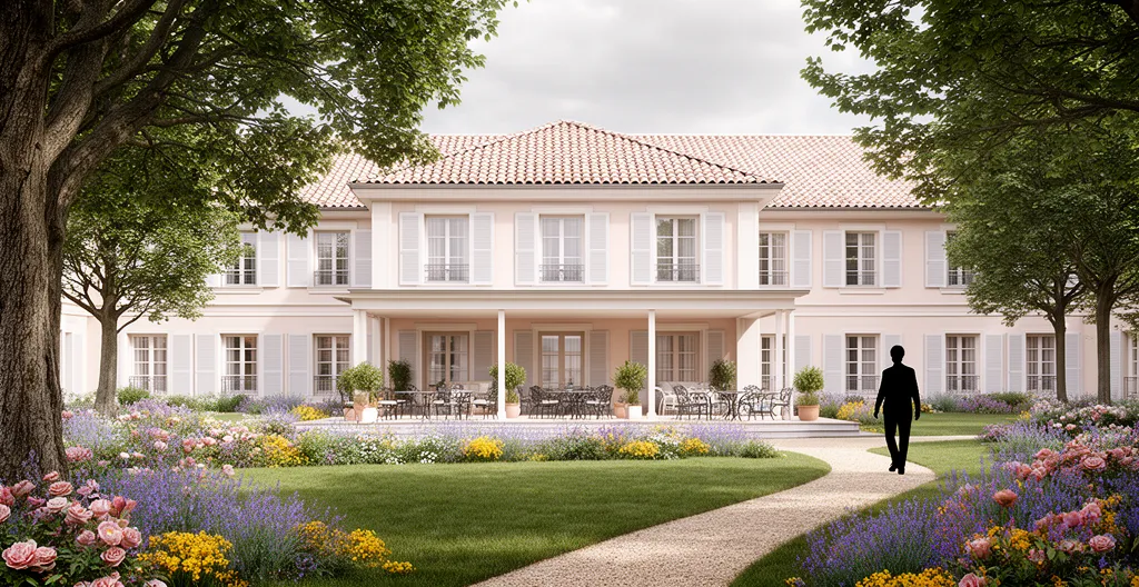 Façade moderne de résidence avec jardin paysager