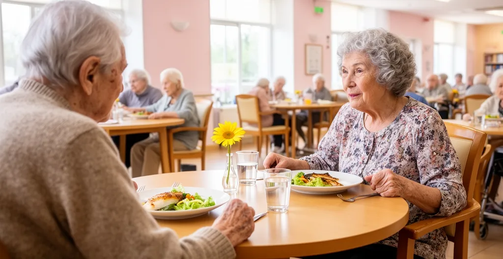 Deux personnes âgées déjeunant ensemble dans une salle lumineuse