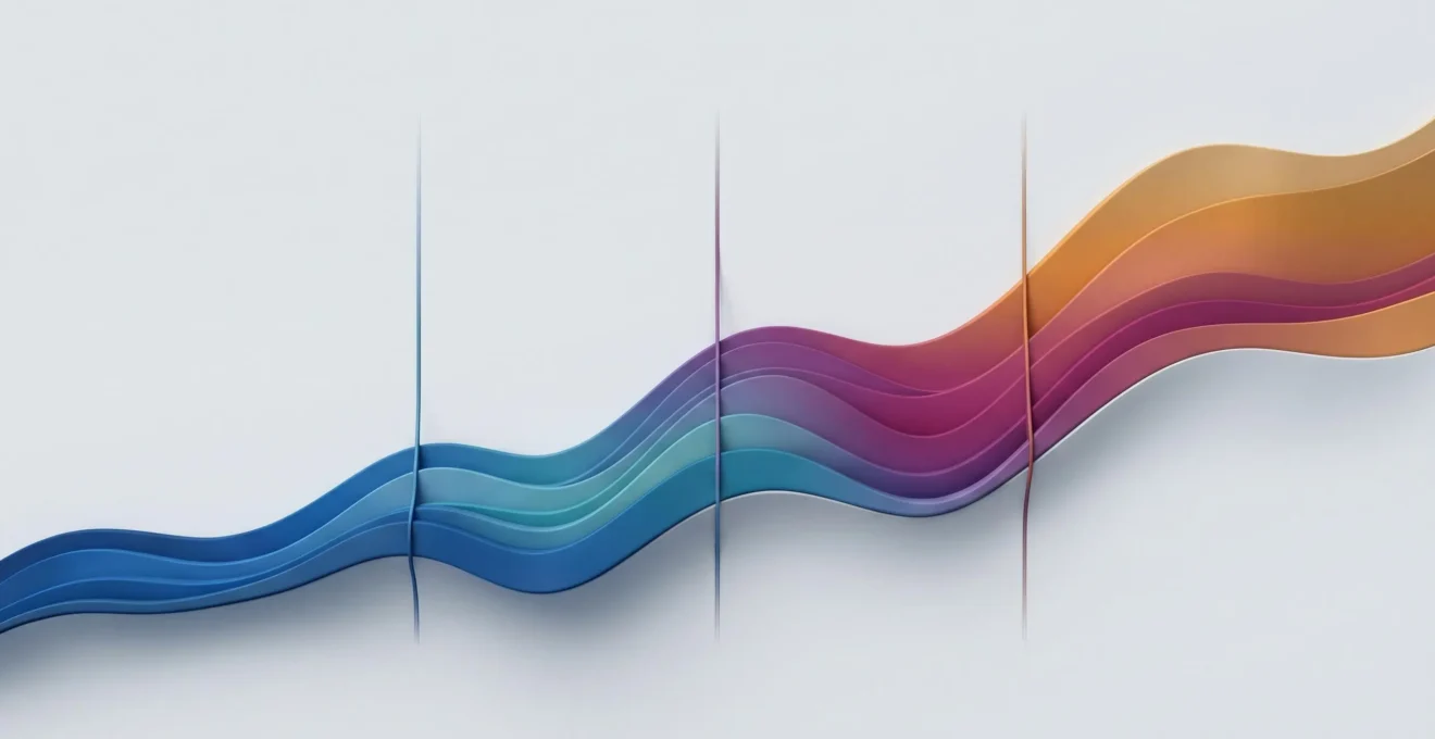 Courbe abstraite ascendante en dégradé de couleurs bleu à orange avec trois marqueurs verticaux représentant des paliers tarifaires