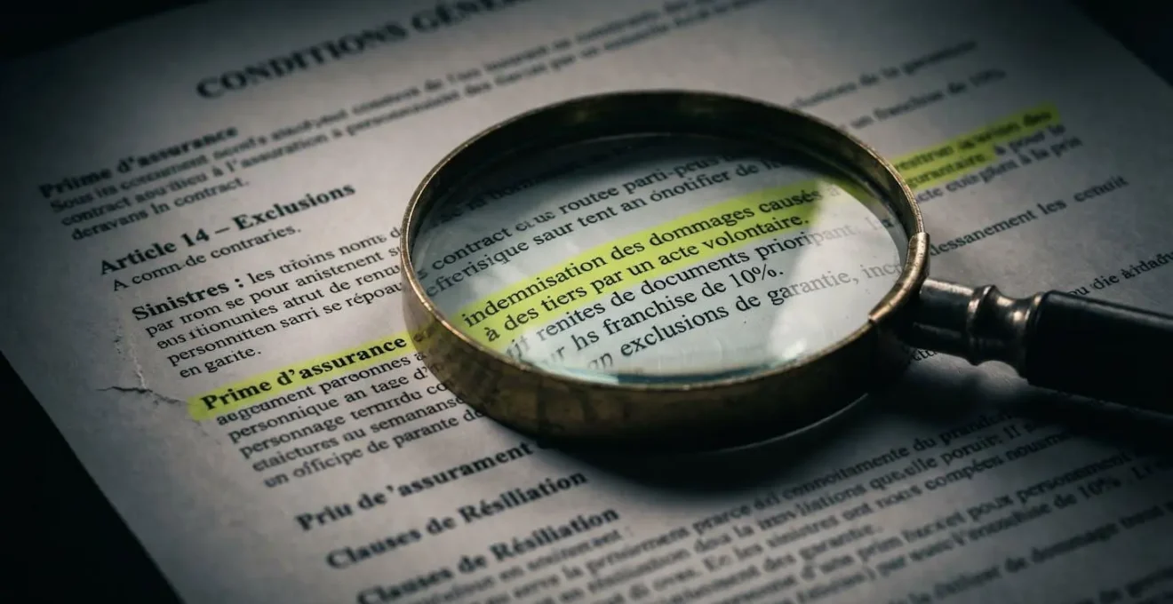 Gros plan macro d'une loupe vintage révélant des petits caractères surlignés en jaune sur un document contractuel en français, éclairage dramatique latéral