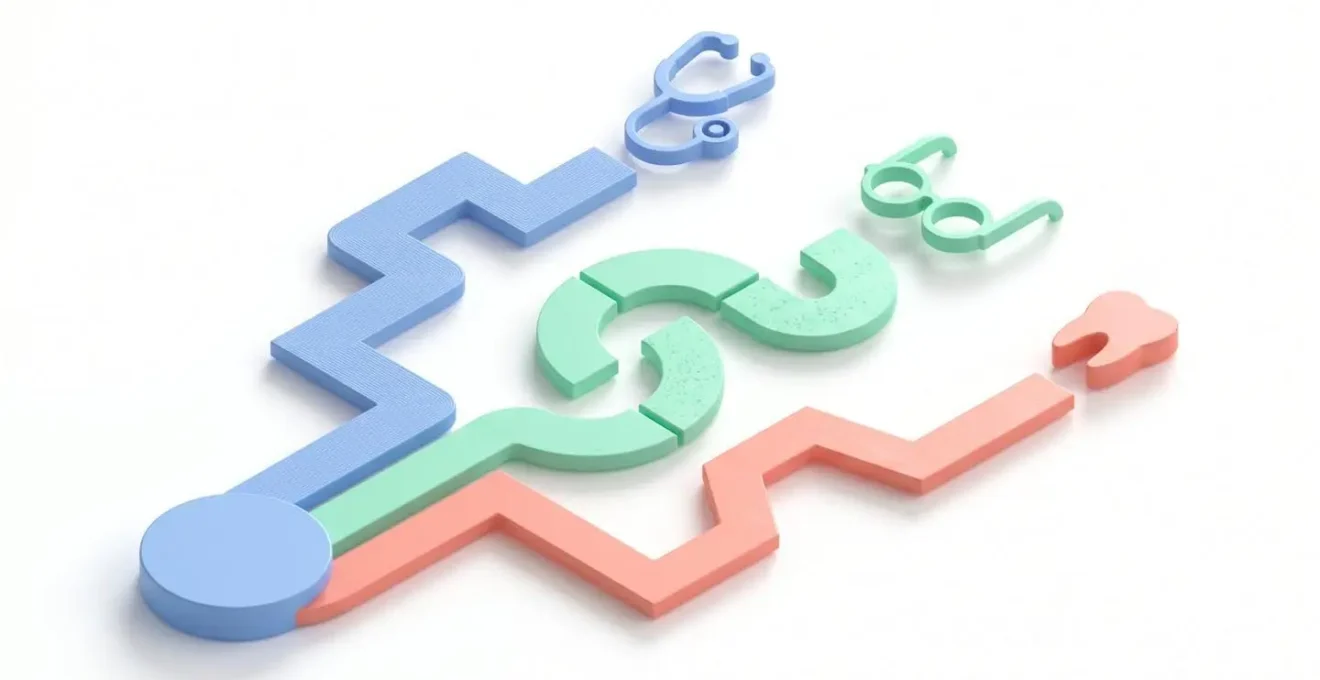 Illustration 3D isométrique de trois chemins colorés divergents menant chacun vers une icône santé stylisée représentant différents profils de besoins