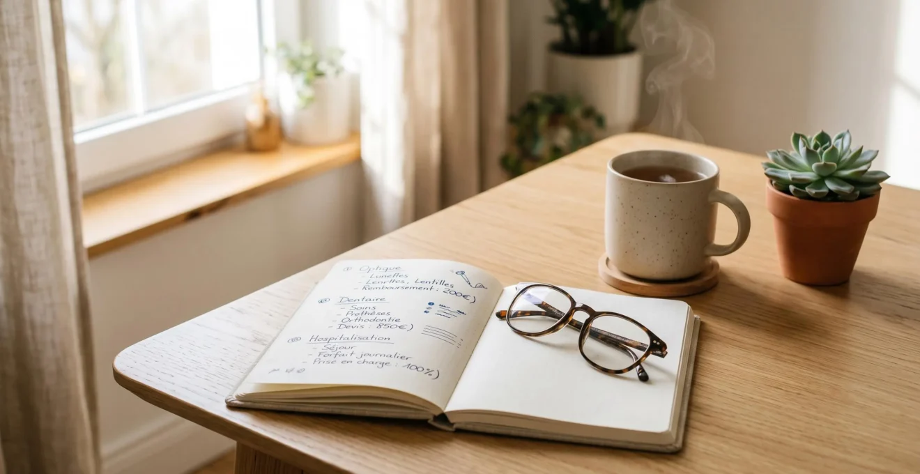 Table en bois clair près d'une fenêtre lumineuse avec lunettes de lecture, carnet de notes manuscrites en français, tasse de thé et plante verte