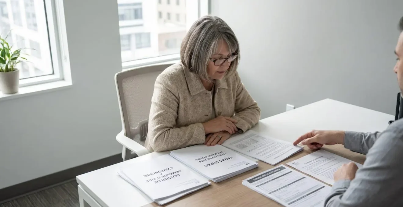 Femme d'âge mûr assise à un bureau moderne consultant des documents tarifaires EHPAD et formulaires d'aide à l'autonomie, accompagnée d'un conseiller dans un bureau lumineux