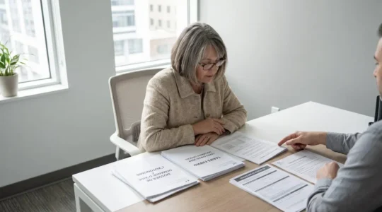 Femme d'âge mûr assise à un bureau moderne consultant des documents tarifaires EHPAD et formulaires d'aide à l'autonomie, accompagnée d'un conseiller dans un bureau lumineux