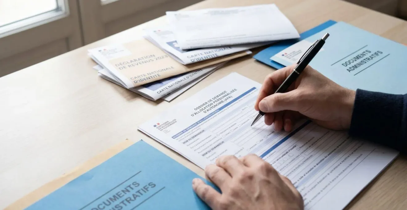 Mains remplissant un formulaire de demande d'Allocation Personnalisée d'Autonomie (APA) avec documents administratifs complémentaires sur un bureau organisé