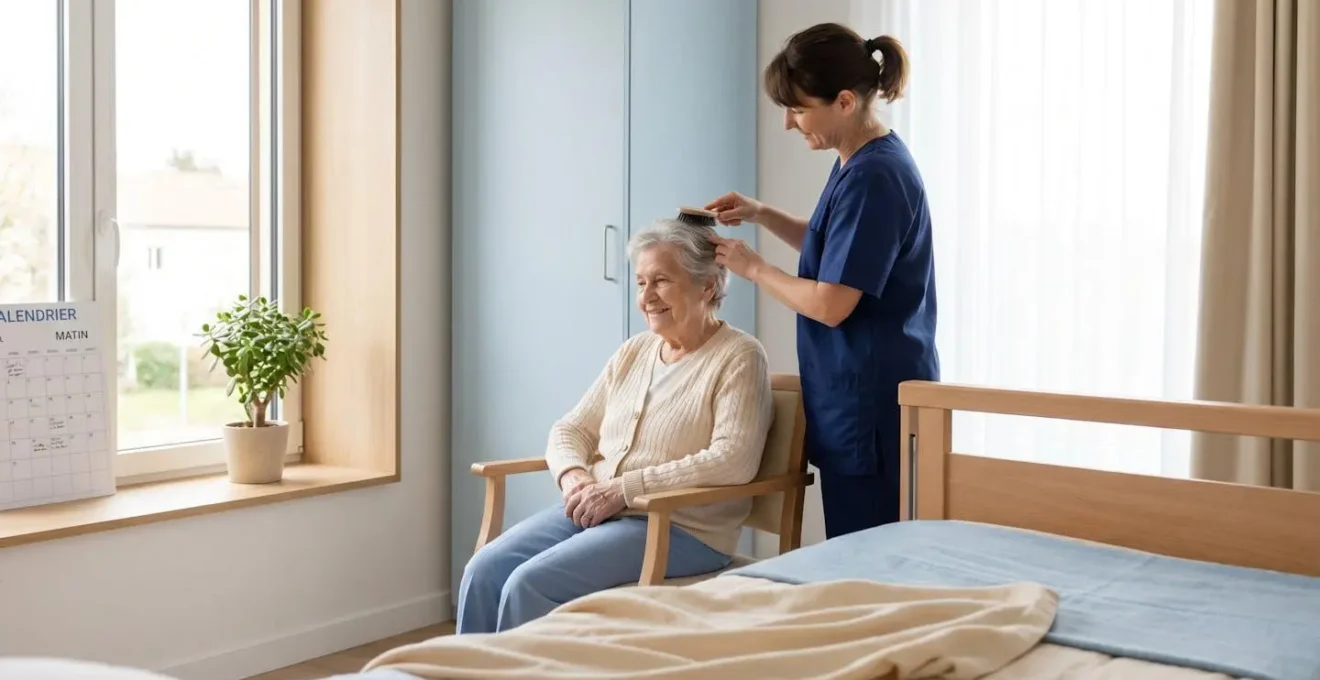 Personne âgée dans sa chambre d'EHPAD lumineuse recevant l'aide quotidienne d'une auxiliaire de vie dans une atmosphère apaisante et respectueuse