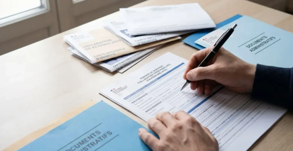 Mains remplissant un formulaire de demande d'Allocation Personnalisée d'Autonomie (APA) avec documents administratifs complémentaires sur un bureau organisé Mains remplissant un formulaire de demande d'Allocation Personnalisée d'Autonomie (APA) avec documents administratifs complémentaires sur un bureau organisé